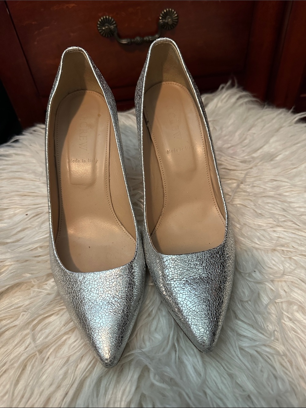 J. Crew Silver Pointed-Toe Leather Pumps